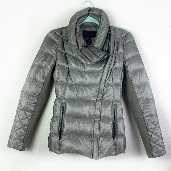 BCBGMAXAZRIA Lilly Short Packable Down Puffer Coat Asymmetrical Zip Grey SZ XXS - Picture 4 of 12